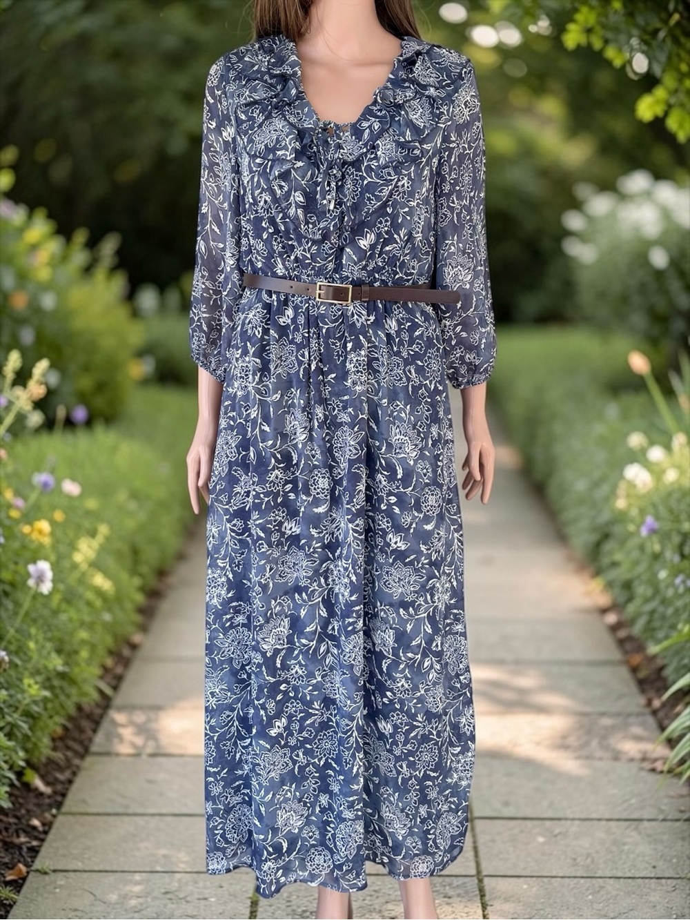 Joie Blue White Floral Maxi Dress Small Sheer Sleeve Boho Romantic Cottagecore
